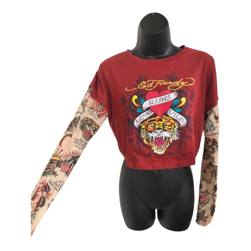Ed Hardy "love runs wild" red shirt with Ed Hardy graphic print sheer sleeve szL